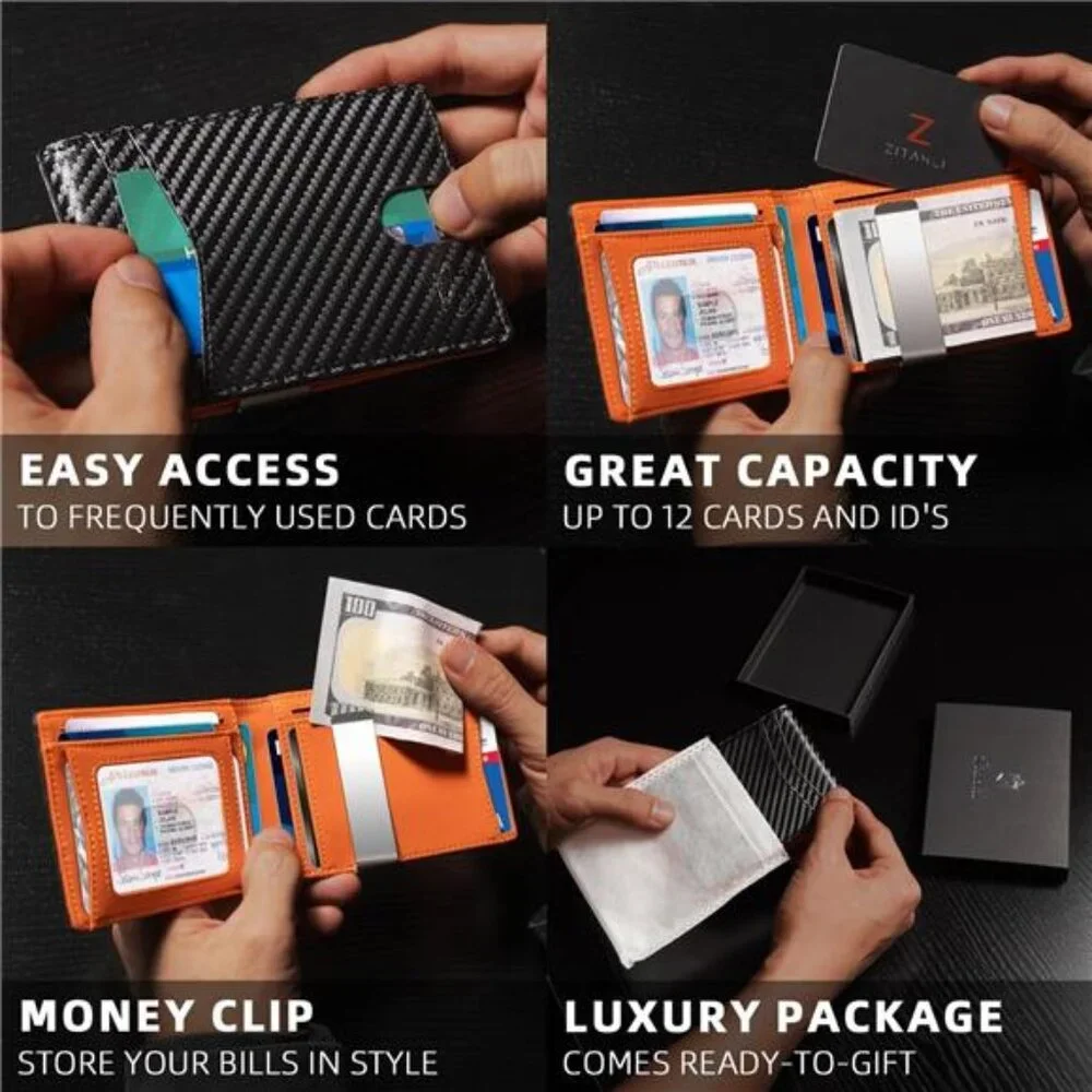Slim Bifold Wallet for Men - 12 Card Slots, RFID, Money‎ Clip & Gift Box, Orange
